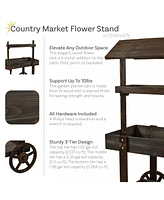 Flower Cart Display Stand with Wheels - Dessert Candy Market 2 Shelves Fir Wood White