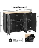 Geometric Twill Kitchen Island with Drop Leaf, Rolling Storage Cart with Towel Rack (Black