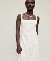 Mango Women's Linen Floral-Embroidered Flared Dress