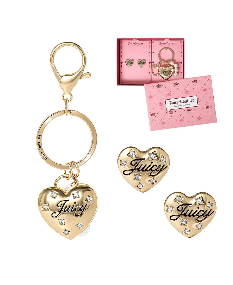 Juicy Couture Gold-Tone Heart Keychain & Earring Set with Crystal Accents