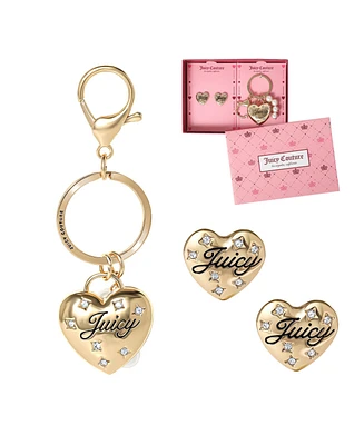 Juicy Couture Gold-Tone Heart Keychain & Earring Set with Crystal Accents