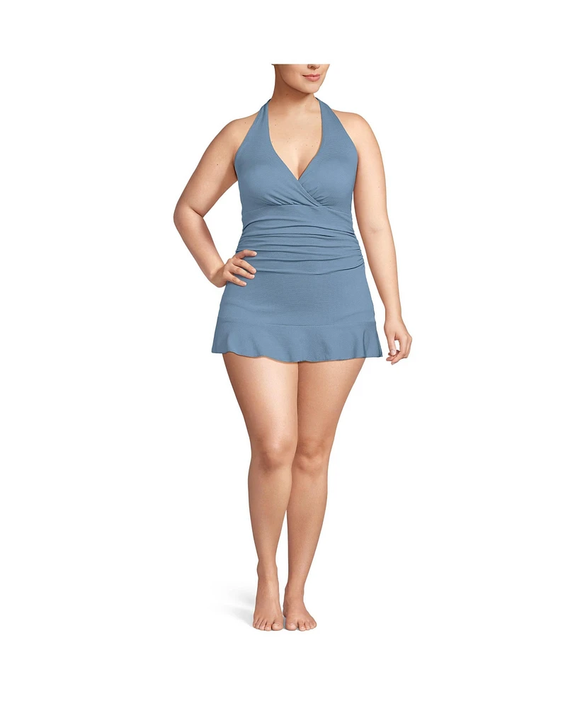 Lands' End Plus Pique Halter Ruffle Hem Mini Swim Dress Swimsuit