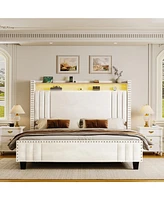 Hausource King Size Bed Frame: Upholstered Headboard, Led Charging Station, Velvet