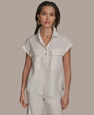 Donna Karan New York Women's Short Sleeve Linen-Blend Collared Shirt