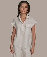 Donna Karan New York Women's Short Sleeve Linen-Blend Collared Shirt