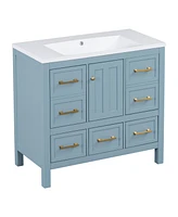 36" Freestanding Vanity Set with Resin Sink: Solid Wood Frame, 5 Drawers, and Soft-Close Doors