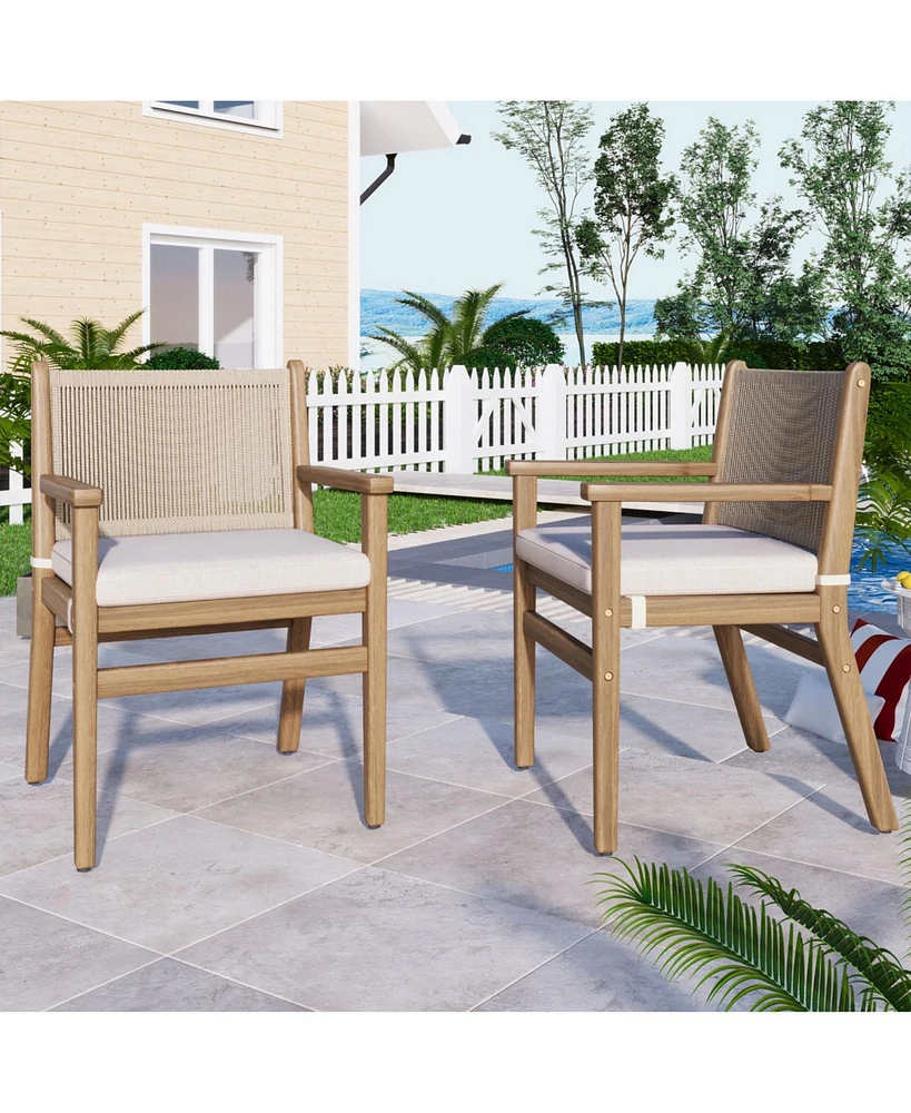 Acacia Wood Armchairs with Rope Back and Cushions, Set of 2