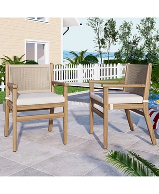 Acacia Wood Armchairs with Rope Back and Cushions, Set of 2