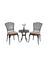 Rustproof Patio Bistro Set: 2 Chairs, Round Table w/ Cushions