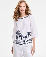 Charter Club Womens Palm Applique 100 Linen Top Woven Applique 100 Linen Pull On Cropped Pants Exclusively At Macys