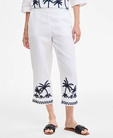 Charter Club Women's Woven-Applique 100% Linen Pull-On Cropped Pants, Exclusively at Macy's