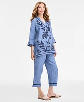 Charter Club Women's Embroidered-Cuff 100% Linen Woven Cropped Pants, Exclusively at Macy's