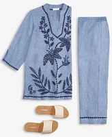 Charter Club Womens 100 Linen 3 4 Sleeve Tunic Top Embroidered Cuff 100 Linen Woven Cropped Pants Exclusively At Macys