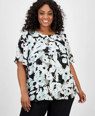 Kasper Plus Floral-Print Clip-Dot Shirt