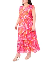 Msk Plus Printed Flutter-Sleeve Tiered Maxi Dress