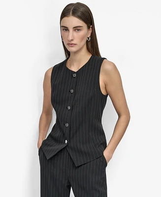 Dkny Women's Striped Crewneck Button-Front Vest