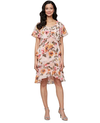 Sl Fashions Women's Printed V-Neck Asymmetric-Ruffle-Trim Dress