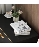 Bedside table with 3 drawers, side table with gold metal handles and feet, end table in black wood, suitable for bedrooms, living rooms, offices