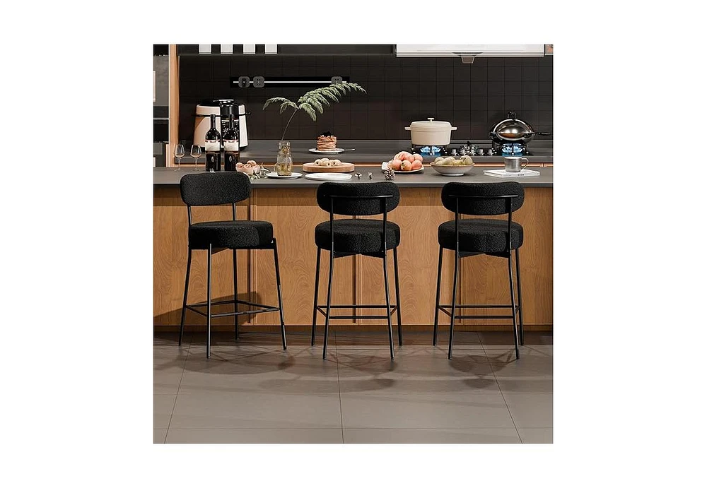Dyhome Bar Stools Set of 3, 24 Inches Modern Counter Height with Curved Back Metal Legs, Upholstered Boucle Barstools for Kitchen Island, C