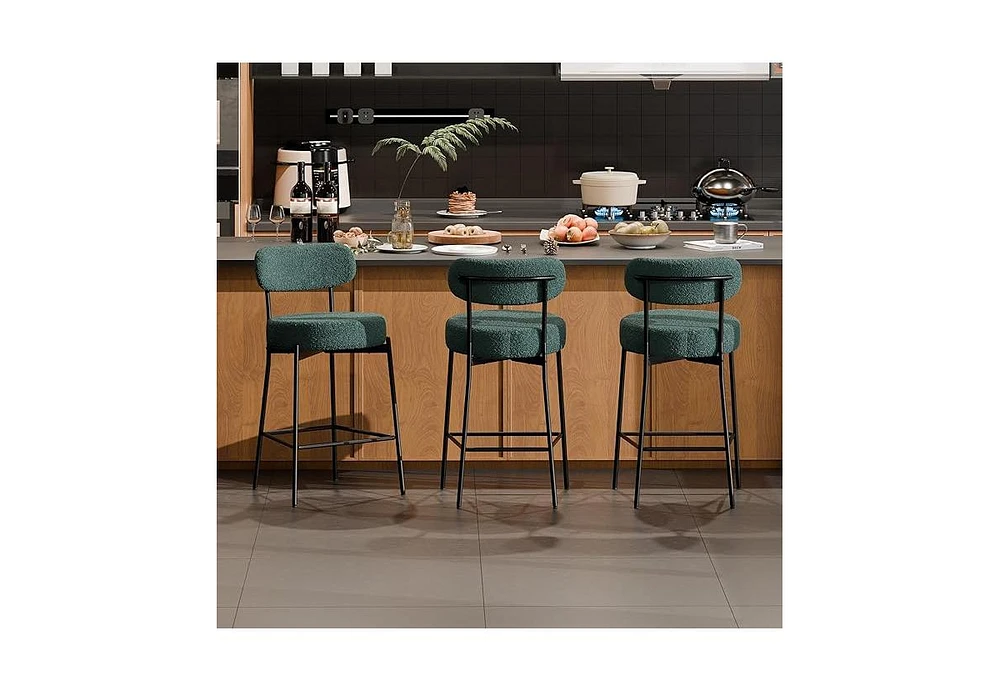 Dyhome Bar Stools Set of 3, 24 Inches Modern Counter Height with Curved Back Metal Legs, Upholstered Boucle Barstools for Kitchen Island, C