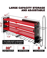 Hausource 4-Tier Power Tool Organizer Wall Mount Tool Storage Workbench W/8 Drill Holder Utility Shelving,Red