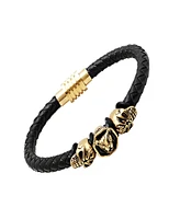 Steeltime Men's Lion Head and Skull Accents Black Leather Braided Bracelet