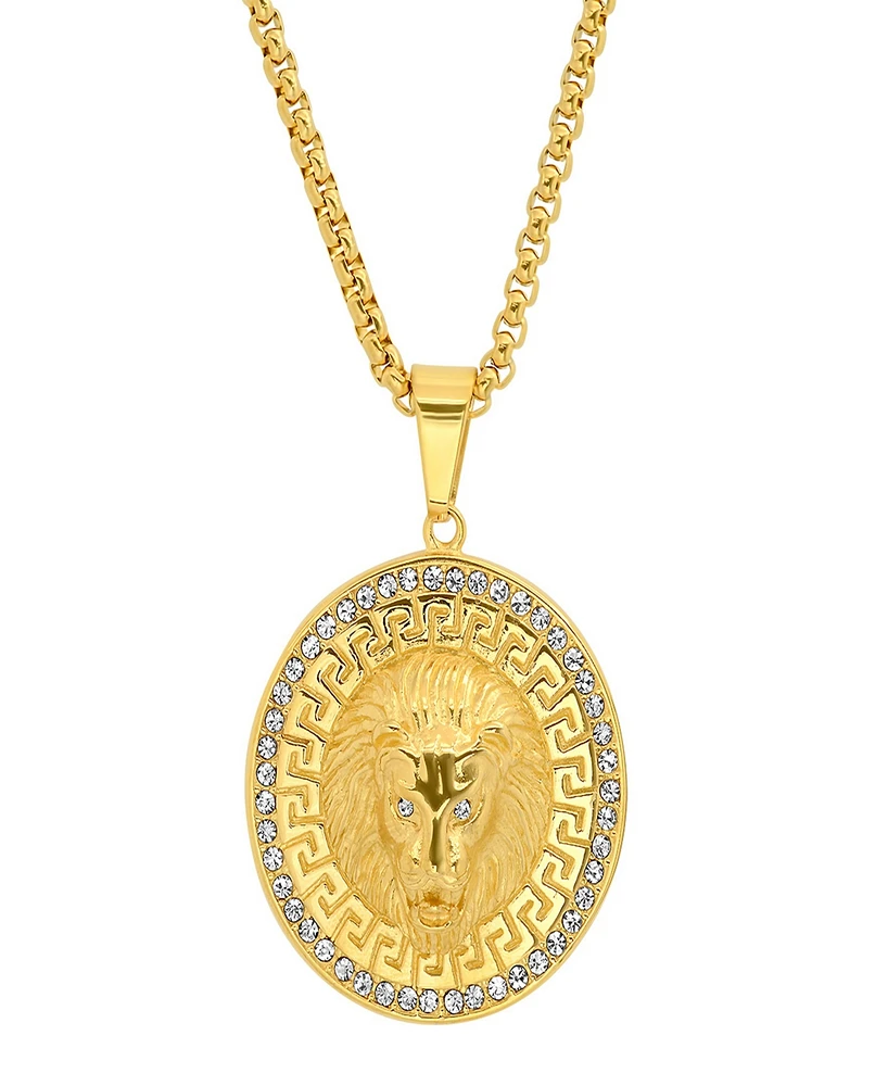 Steeltime Men's Simulated Diamonds Round Lion Head with Greek Key Accents Pendant Necklace