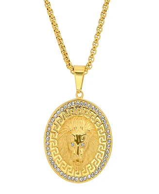 Steeltime Men's Simulated Diamonds Round Lion Head with Greek Key Accents Pendant Necklace