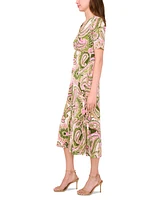 Msk Women's Printed V-Neck Short-Sleeve Midi Dress