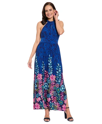 London Times Women's Shirred Halter Keyhole Maxi Dress