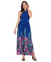 London Times Women's Shirred Halter Keyhole Maxi Dress