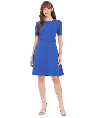 London Times Women's Round-Neck Short-Puff-Sleeve Dress