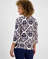 Jm Collection Women's Printed Split-Neck Bell-Sleeve Top, Exclusively at Macy's