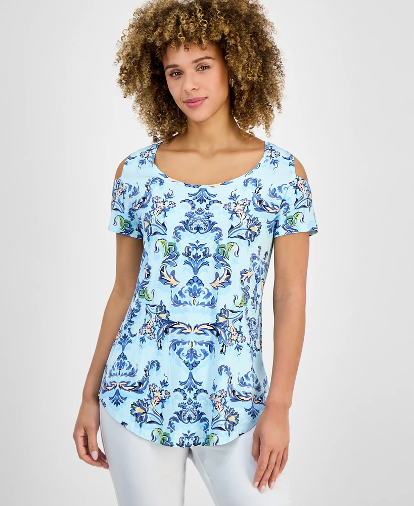 Jm Collection Women's Printed Short-Sleeve Cold-Shoulder Top, Created for Macy's