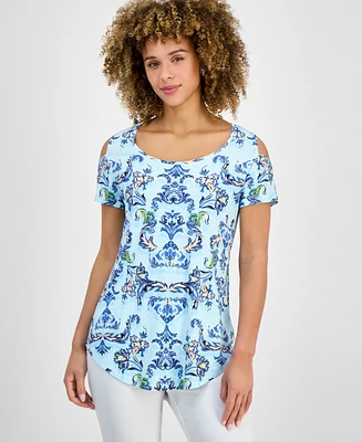 Jm Collection Women's Printed Short-Sleeve Cold-Shoulder Top, Created for Macy's
