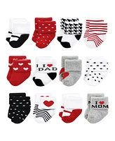 Hudson Baby Boys Cotton Rich Terry Socks 24-Pack, Mom and Dad Red Black