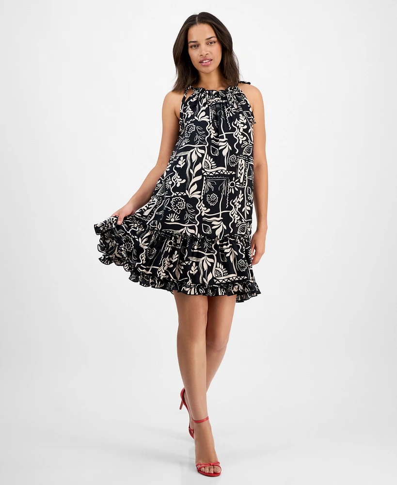 Robbie Bee Women's Printed Ruffle-Neck Sleeveless Mini Dress