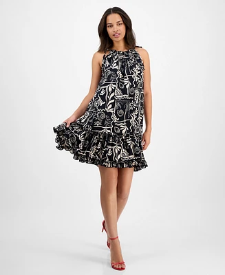 Robbie Bee Women's Printed Ruffle-Neck Sleeveless Mini Dress