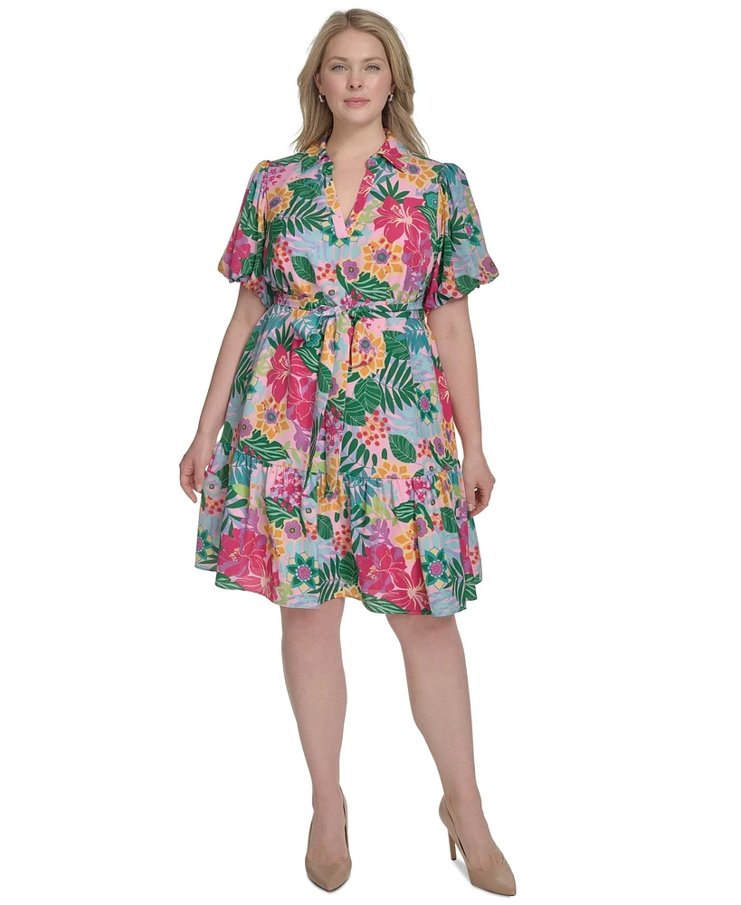 Jessica Howard Plus Printed Tie-Waist Puff-Sleeve Dress