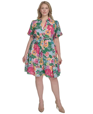 Jessica Howard Plus Printed Tie-Waist Puff-Sleeve Dress
