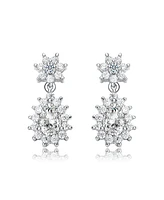 White Gold Plated with Cubic Zirconia Double Flower Cluster Dangle Earrings