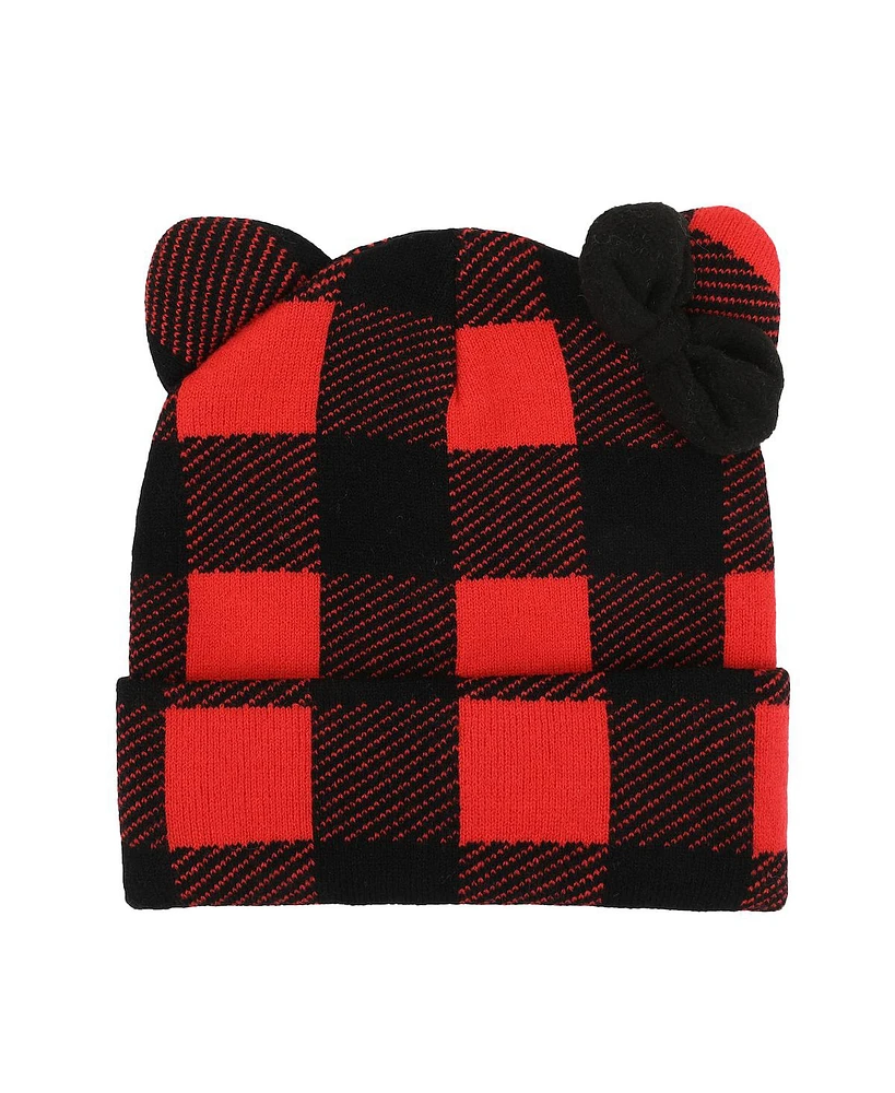 Hello Kitty Head Shape Red Plaid Cuff Beanie With Fleece Bow