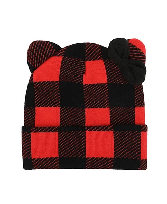 Hello Kitty Head Shape Red Plaid Cuff Beanie With Fleece Bow