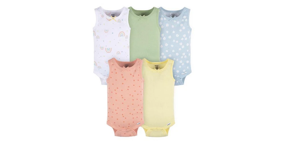 Gerber Baby Girls Sleeveless Flowers Onesies, 5-Pack