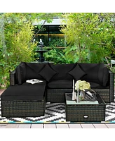 Gymax 5PCS Rattan Patio Conversation Set Outdoor Furniture Set w/ Ottoman Black Cushion