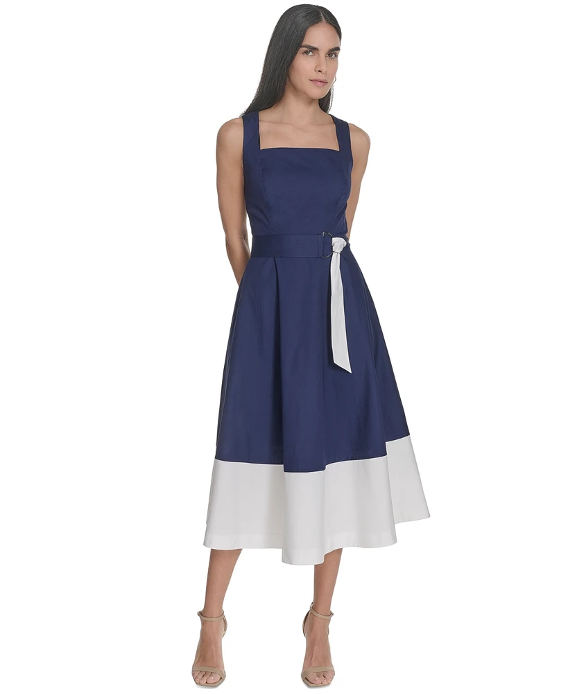 Jessica Howard Women's Cotton Color-Blocked Tie-Waist Midi Dress