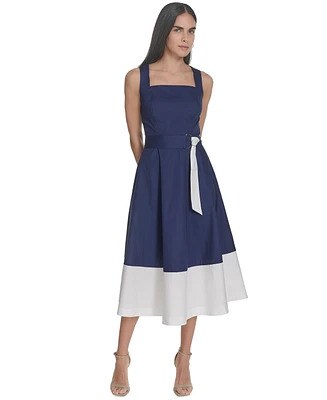 Jessica Howard Women's Cotton Color-Blocked Tie-Waist Midi Dress