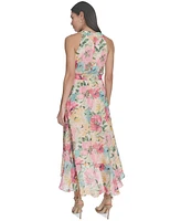 Jessica Howard Women's Floral Chiffon Tie-Waist High-Low Midi Dress