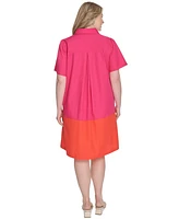 Jessica Howard Plus Cotton Colorblocked Shift Shirtdress