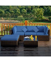 Gymax 5PC Rattan Patio Conversation Set Outdoor Furniture Set w/ Ottoman Cushion